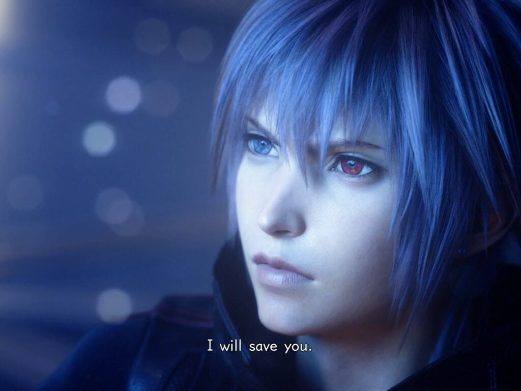 Yozora facing upward with a bright light shining on his face. The subtitles read, "I will save you."