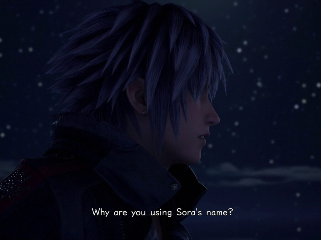 Yozora framed in portrait looking to the right with a starry night sky in the background. There are subtitles that read, "Why are you using Sora's name?"