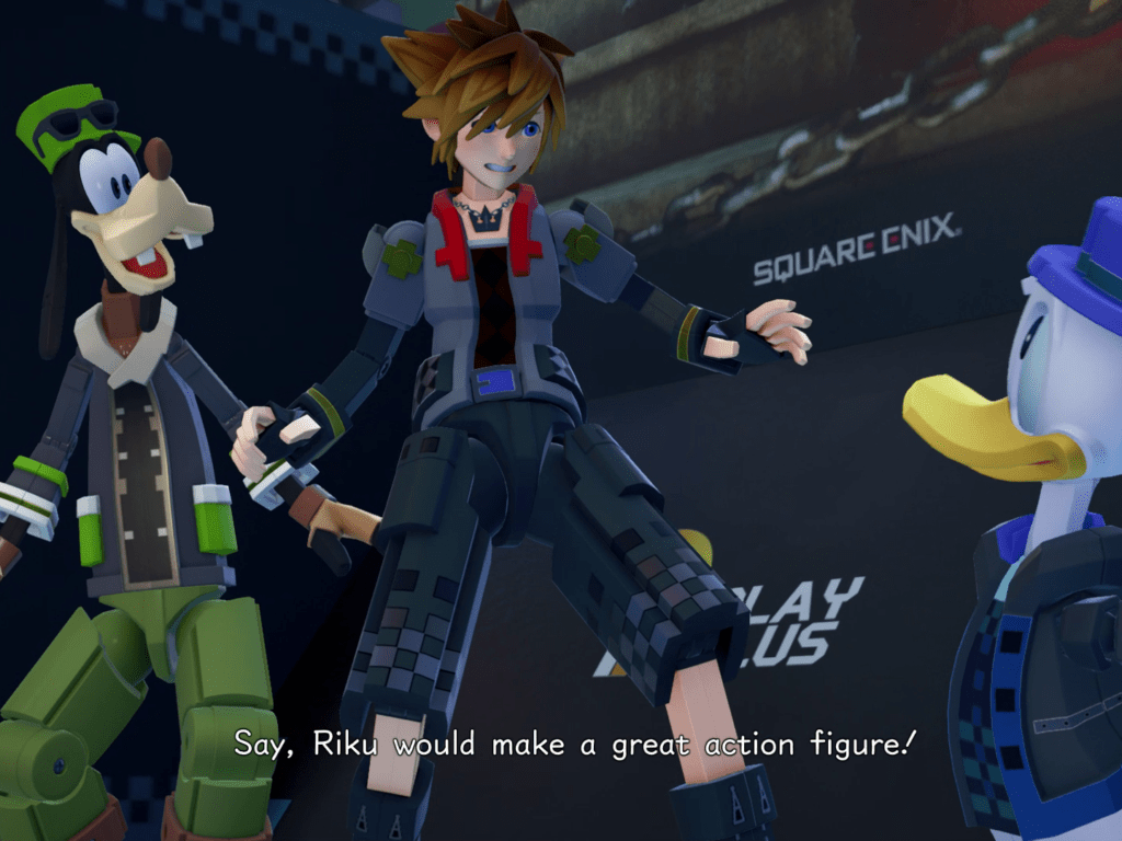 Toybox Sora looking shocked and caught off guard as Donald and Goofy look at him. The subtitles, said by Goofy, read, "Say, Riku would make a great action figure!"