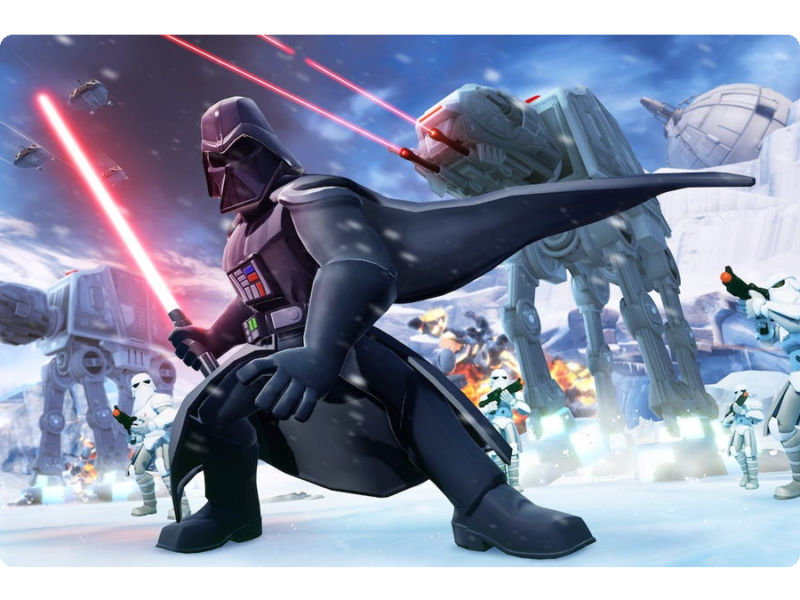 Darth Vader from Disney Infinity in the middle of a snowy Hoth battle scene.