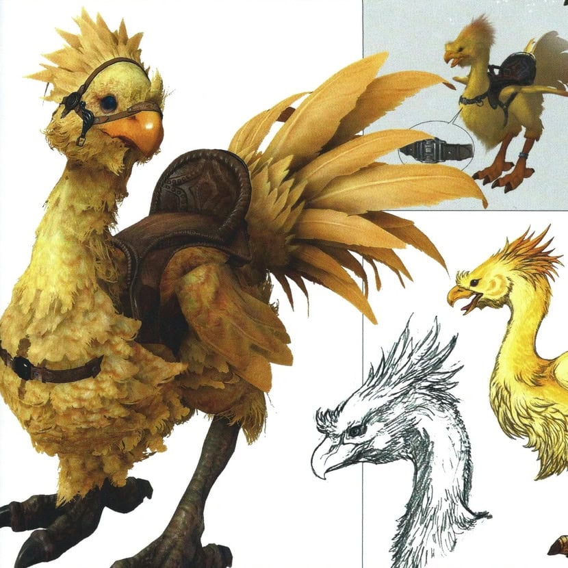The Chocobo from Final Fantasy XV. Behind the main chocobo are a drawing and black and white sketch of a chocobo, and a t-posing chocobo.