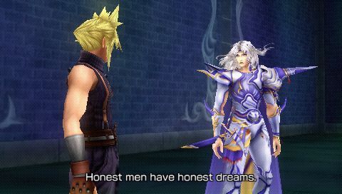 Cloud FF7 and Cecil FF4 from Dissidia talking in a hallway. The subtitles say, "Honest men have honest dreams," said by Cecil.