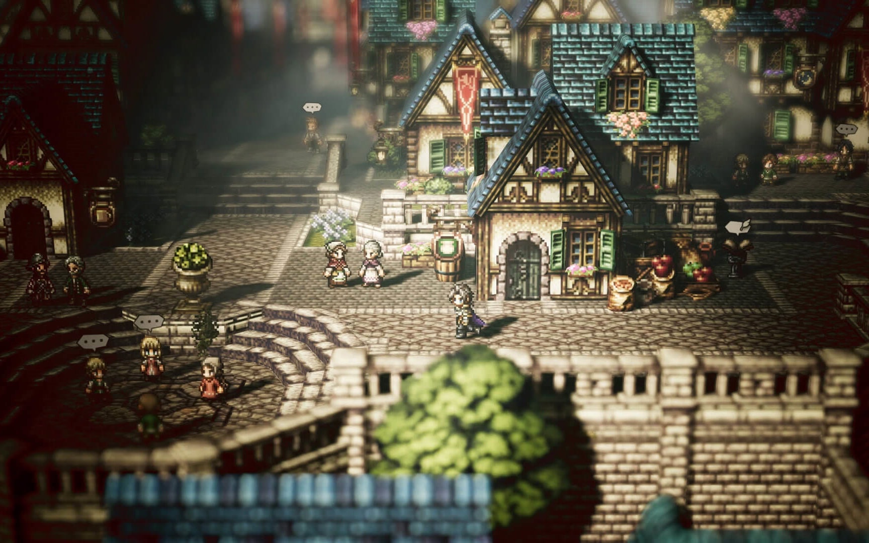 Cyrus the academic guy from Octopath Traveler walking in a cute little HD-2D pixel town.