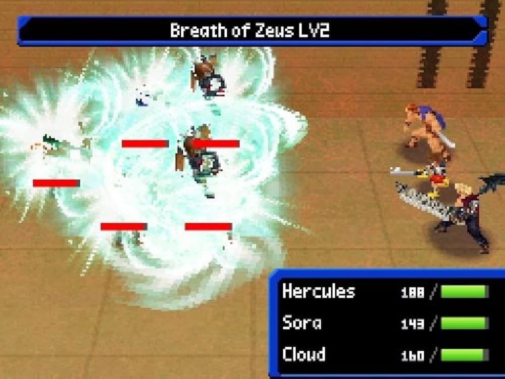 Sora, Hercules and Cloud doing turn-based combat in Olympus Coliseum from Re:Coded.