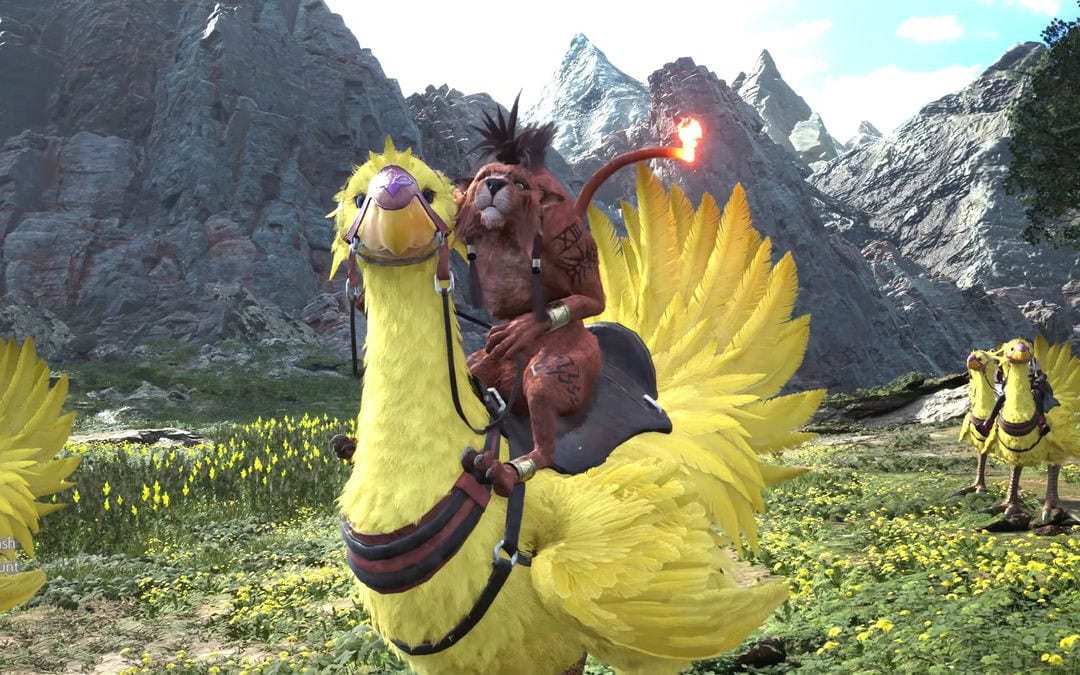 Red XIII from Final Fantasy VII riding a chocobo like a human.