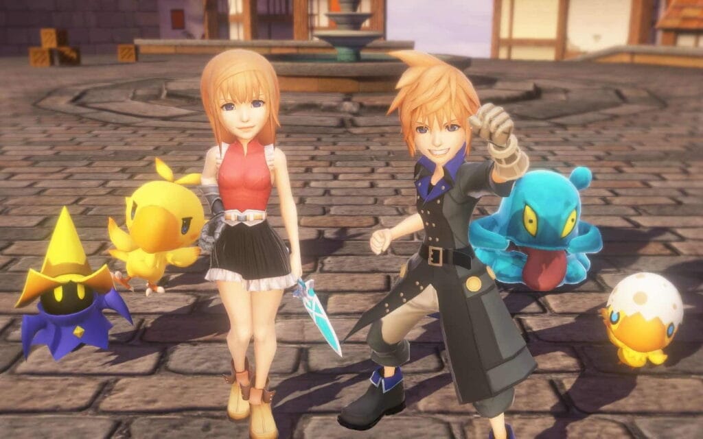 Reynn and Lann from World of Final Fantasy standing triumphantly with their cute little monster friends.