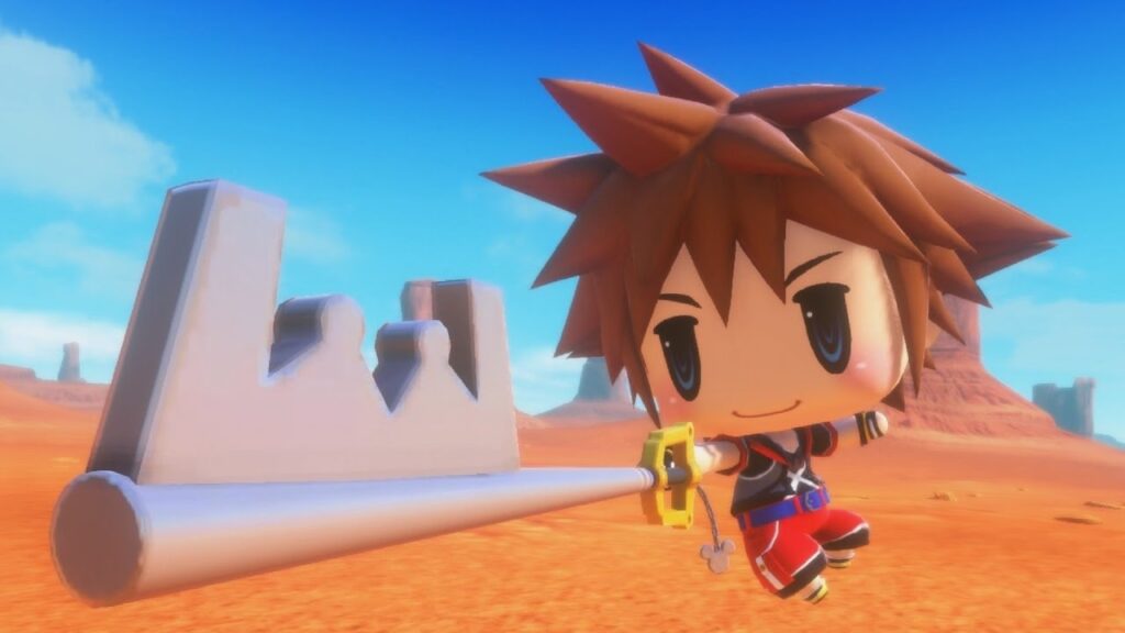 Chibi World of Final Fantasy Sora holding his Keyblade out.