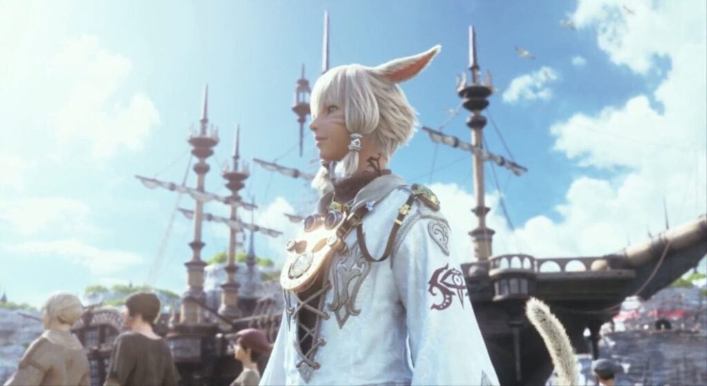 Yshtola from Final Fantasy XIV standing in front of a ship at a bustling port. From the Realm Reborn opening.