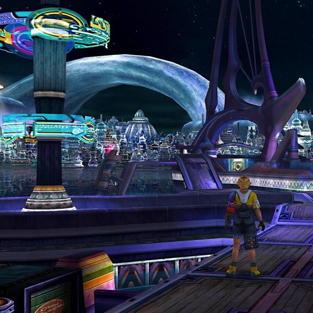 Tidus standing on a platform looking out at the beautiful water city of Zanarkand, with neon lights and giant flowing arcs of water.