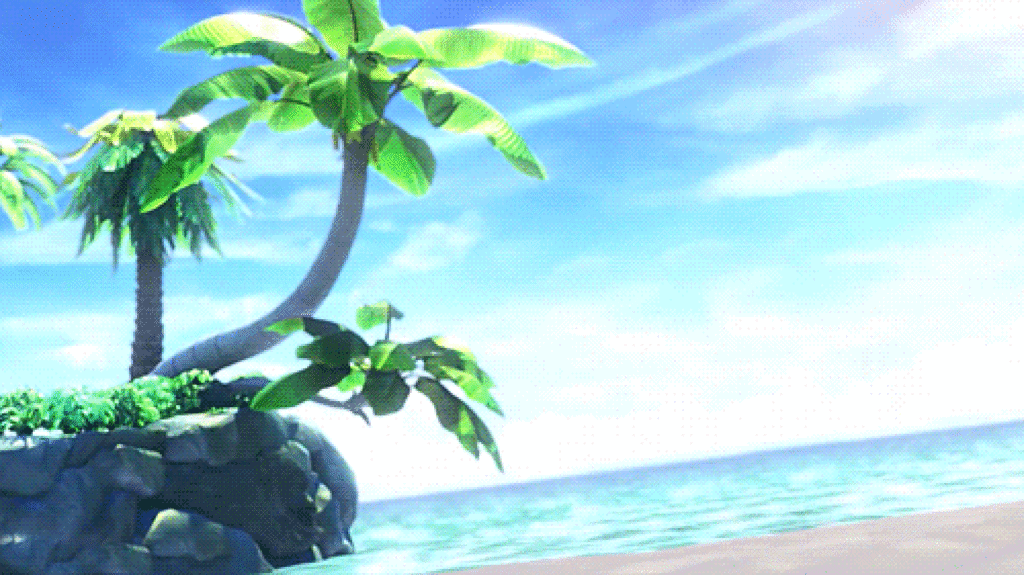 The rock with paopu trees where Riku always sits. The image looks a little fuzzy like watercolor.