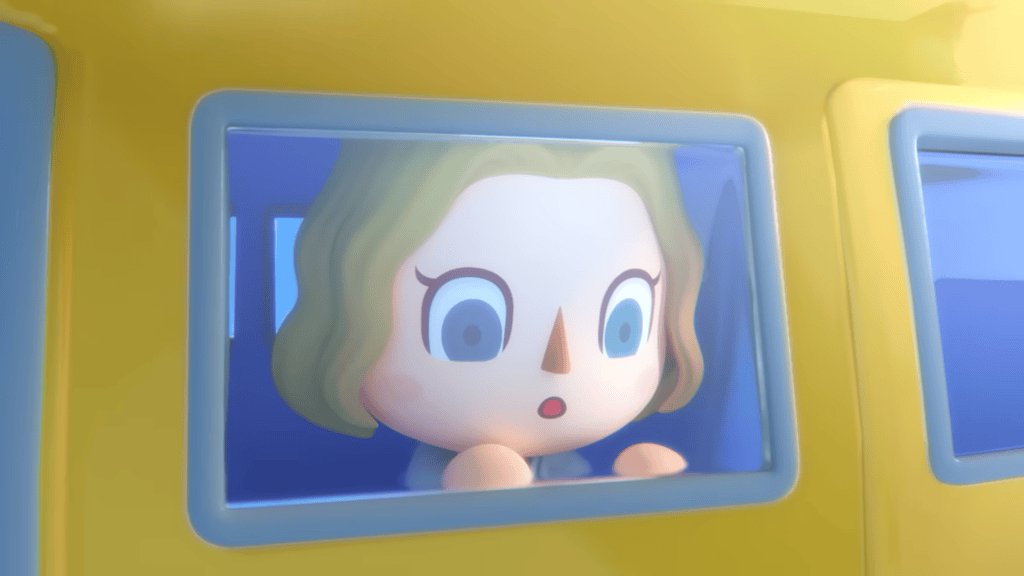 An Animal Crossing villager looking amazed while she looks out the window of a plane.