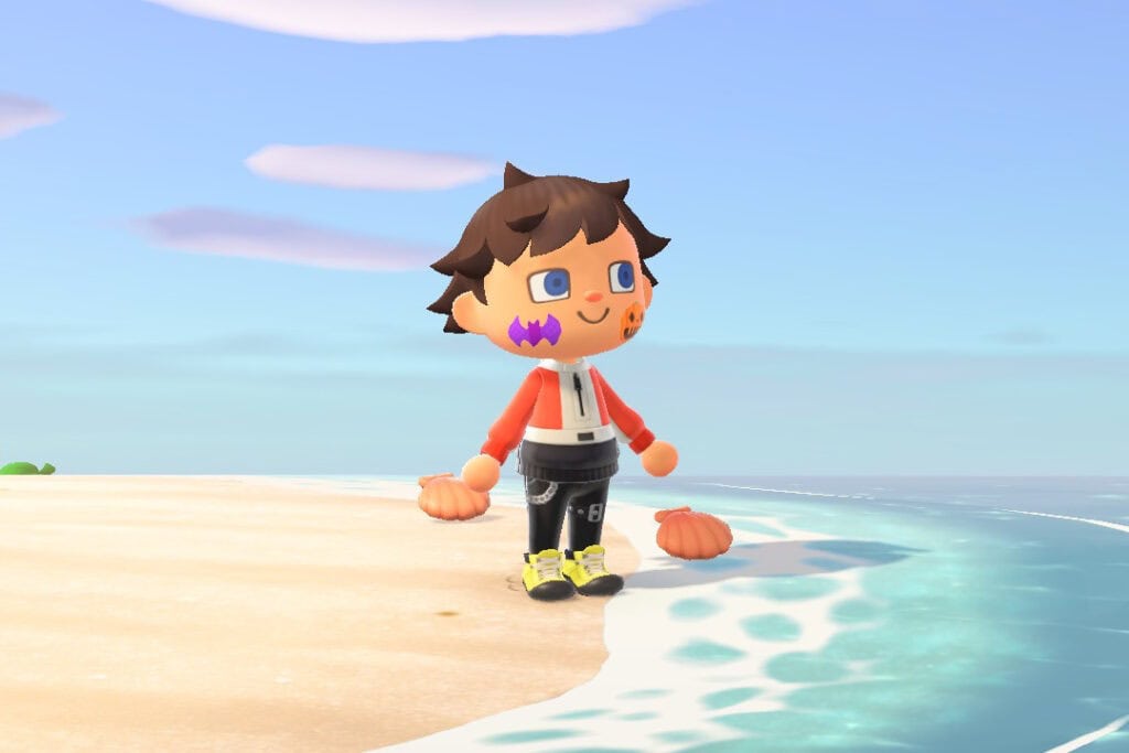An Animal Crossing character made to look like Sora. He's standing on the beach.