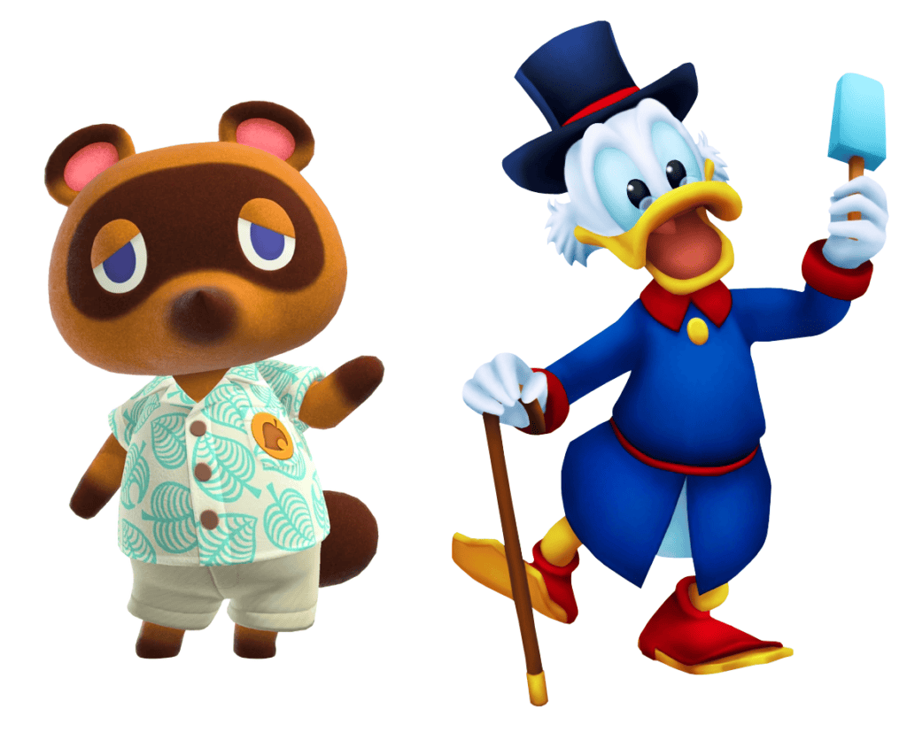 Tom Nook and Scrooge McDuck standing together on a white bakground.