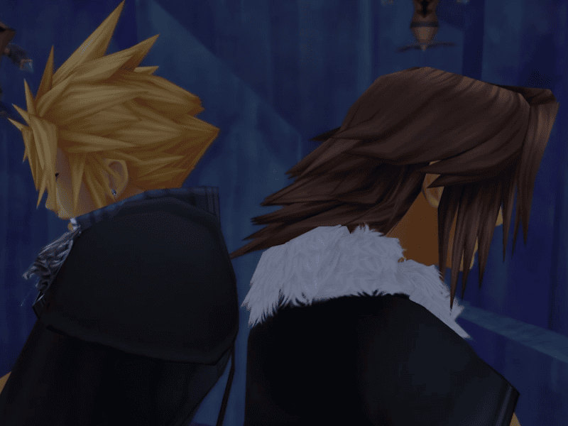 Cloud and Leon standing back to back during the big battle of Hollow Bastion in Kingdom Hearts 2.