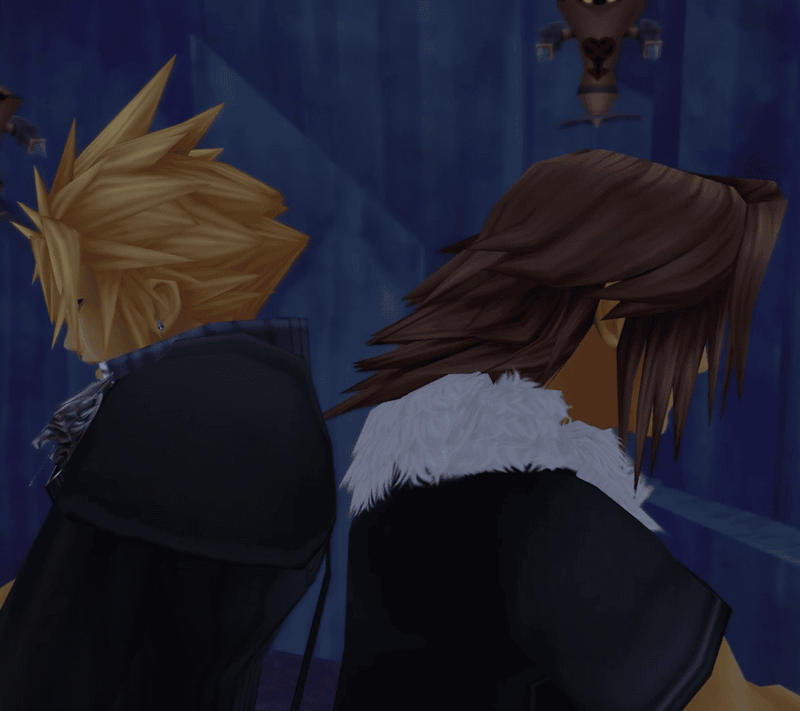 Cloud and Leon standing back to back during the big battle of Hollow Bastion in Kingdom Hearts 2.