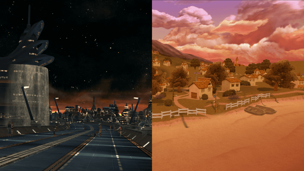 Side by side pictures of Zanarkand and Destiny Islands. Zanarkand is a dark, metallic, futuristic road, and Destiny Islands is a beachside village at sunset.